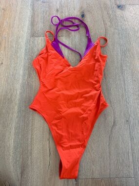 L Space Bright Red Orange One-Piece Swimsuit with Purple Accent Straps